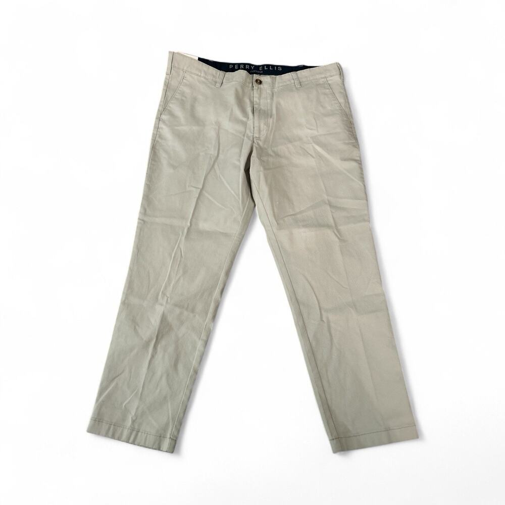 Perry Ellis Mens Slim fit Dress Pants 40 / 30 Khaki Beige Solid Cotton Elastane